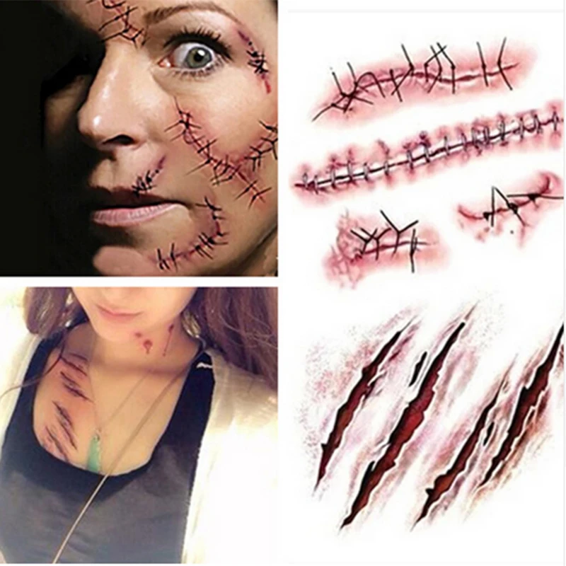 

Наклейки-татуировки на Хэллоуин, временные наклейки, нетоксичные, долговечные, страшные, реалистичные сшитые травмы, раны, искусственный Декор
