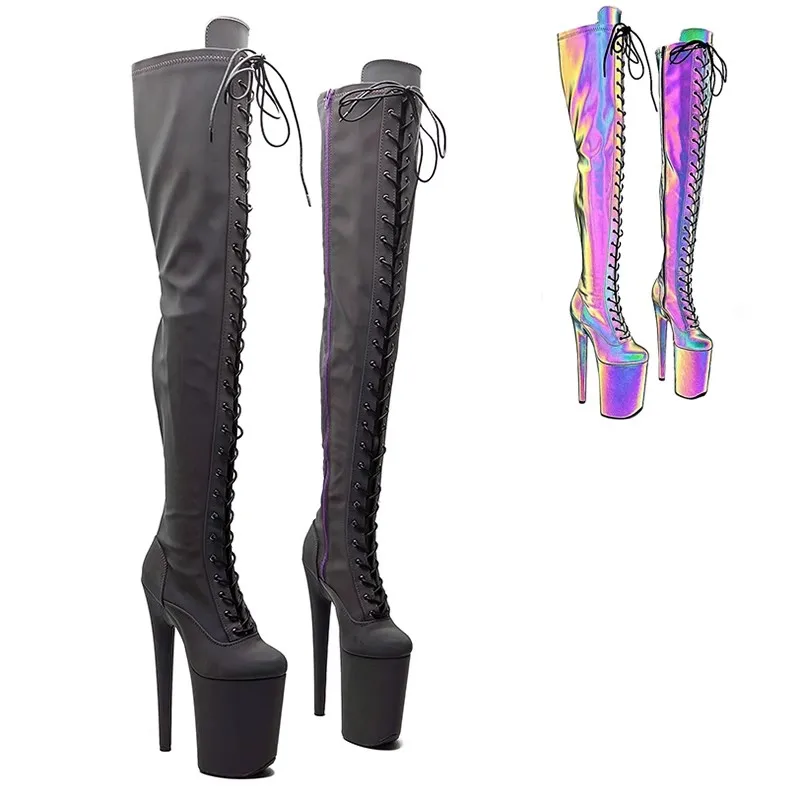 LAIJIANJINXIA/Новые женские сапоги выше колена на платформе с голографическим верхом 23
