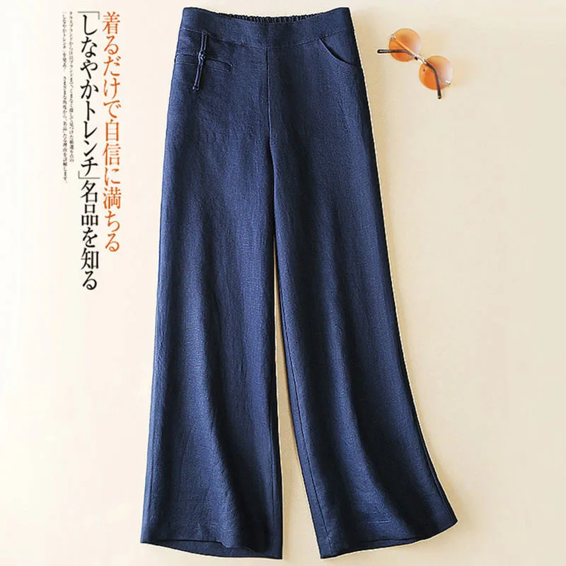 

Cotton Linen 2022 Summer New Semi-elastic High Waist Disc Buckle Slim Casual Pants Wide Leg Pants Trousers Women