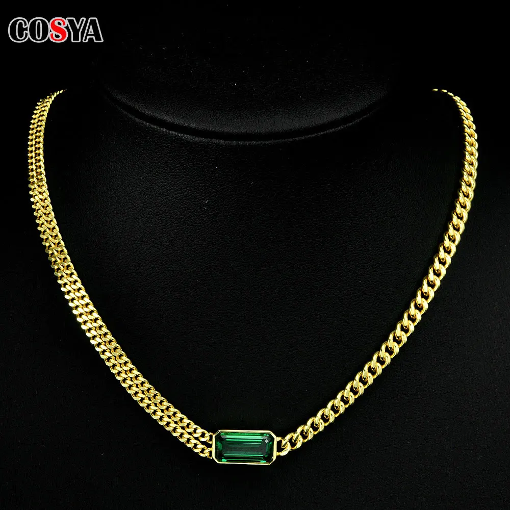 COSYA 925 Sterling Silver Plated 18k White Gold Green 4ct High Carbon Diamond Rectangular Necklace Unisex Cuban Chain Jewelry