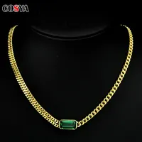 COSYA 925 Sterling Silver Plated 18k White Gold Green 4ct High Carbon Diamond Rectangular Necklace Unisex Cuban Chain Jewelry