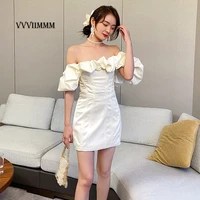 womens spring and summer new style one line shoulder fold wrap buttocks white waist bright silk short dress party dresses robe