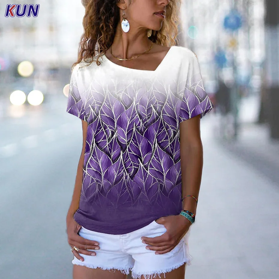 

2022 Summer Women's Floral Tree Theme Painting T Shirt Floral Color Block Print V Neck Basic Tops Abstract Pullover Plus Size