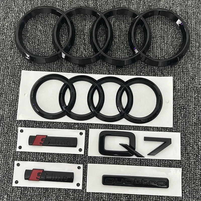 

6 шт./компл. автоаксессуары для Audi Q7 2016-2023 S-Sline боковой логотип автомобиля 4-кольцевой значок на переднюю решетку, наклейка на заднее багажное отделение