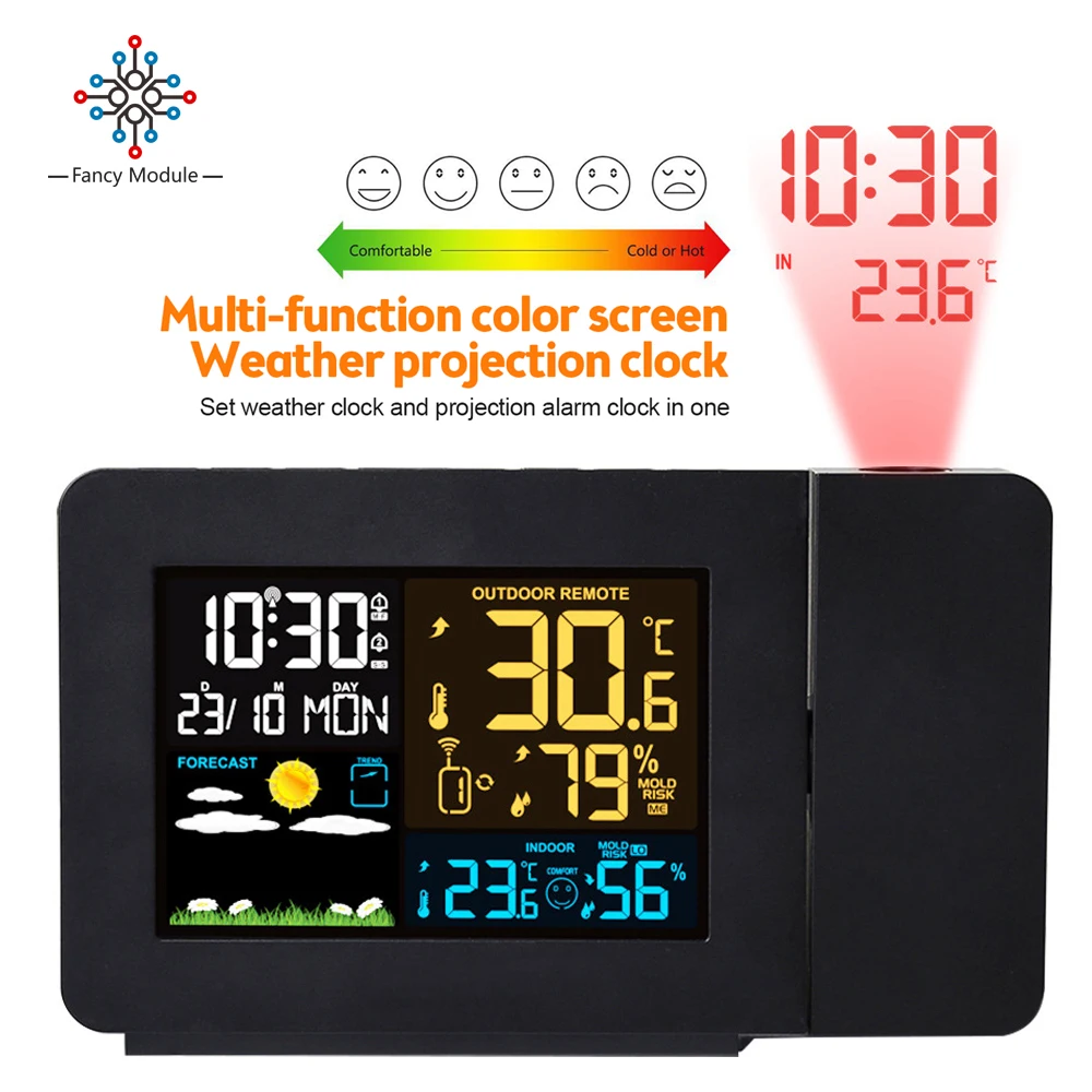 

Беспроводная метеостанция с датчиком, цифровой термометр, гигрометр, проекция погоды с будильником, для дома и улицы, измеритель температуры