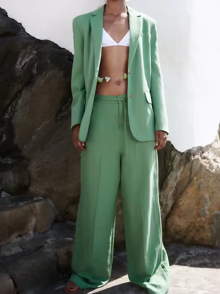 

2023 Women Summer Pant Suits 2 pieces sets Casual Solid Linen Blazers Coats and Trousers Female Street Suit Clothing