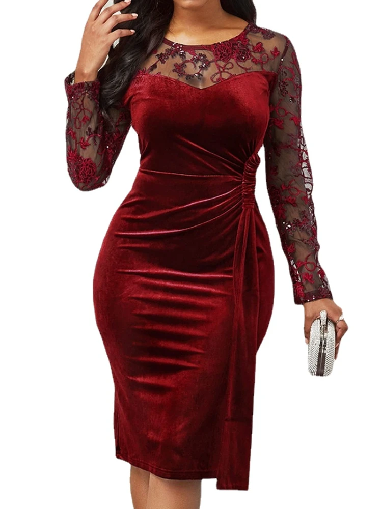 

Spring Summer Dress Women 2022 Casual Plus Size Slim Velvet Office Pencil Dress Elegant Sexy Hollow Out Lace Long Party Vestidos