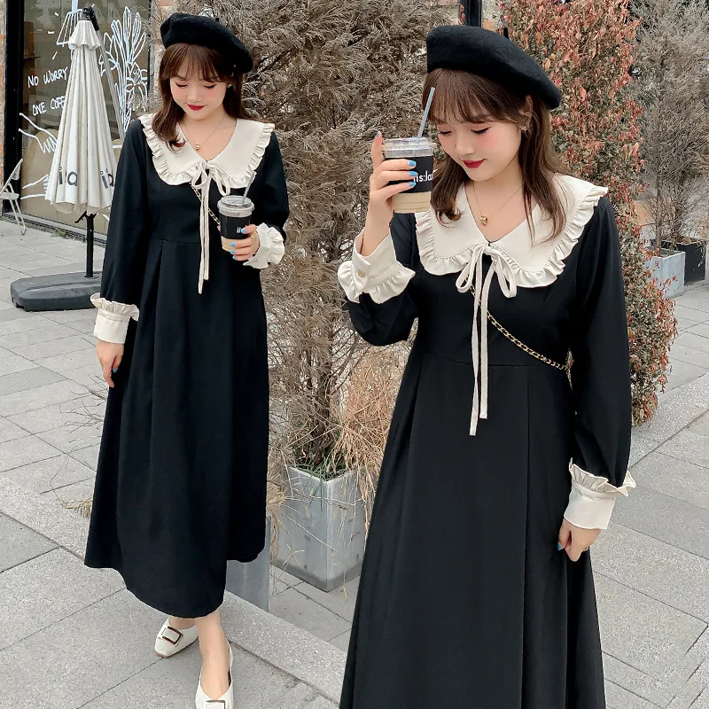 

123cm Plus Size Clothing New Fashion Turn down Collar Long Sleeve Black Women Long Dress XL-4XL