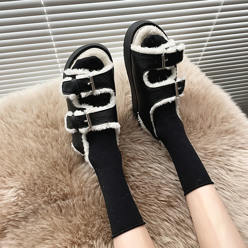 Women Wool Furry Fur Sandals Double Buckle Band Cotton Sandales Female Winter Shoes Celebrity Add Cashmere Sandalias Mujer 2021