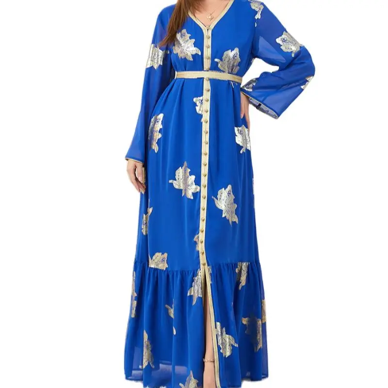 Muslim Abaya Dress Dubai Button Tape Trim Belted Kaftan Split Hem Long Dress Print Fall 2022 Turkey Arabic Oman Moroccan Caftan