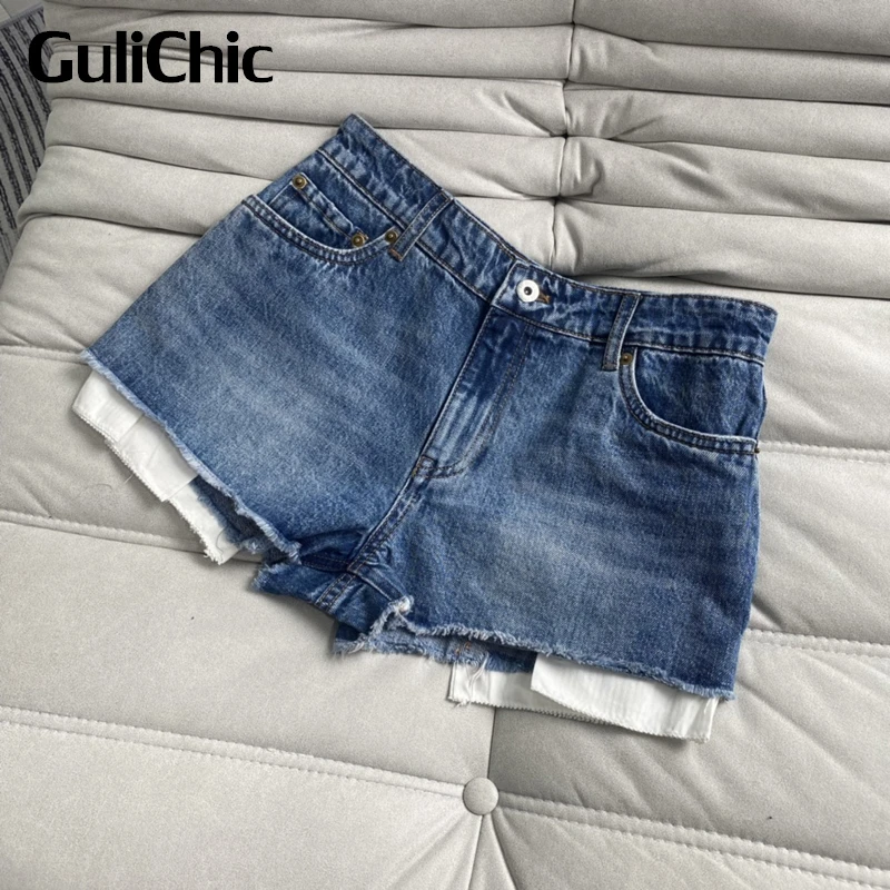 

5.10 GuliChic Women Fashion Comfortable Letter Embroidery Decoration Washed Denim Shorts