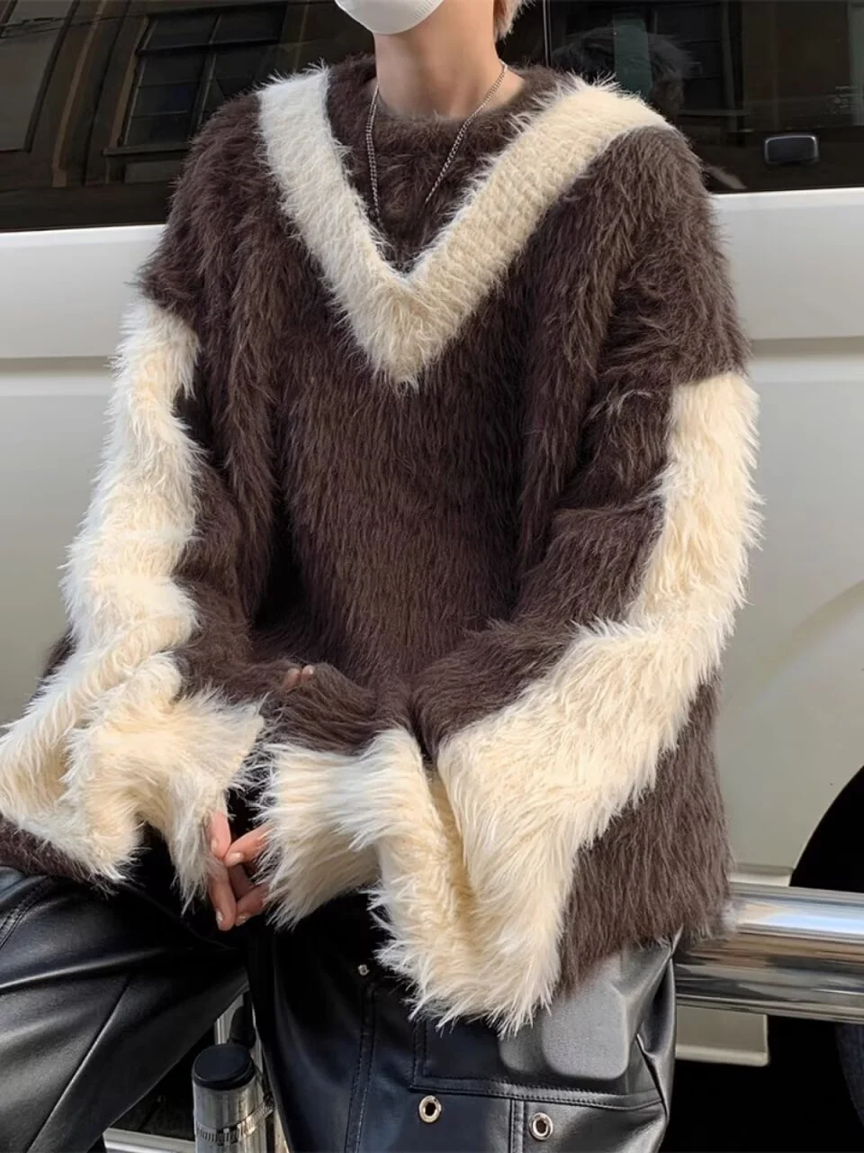 Осенне-зимний плюшевый контрастный лоскутный свитер из меха анти норки для