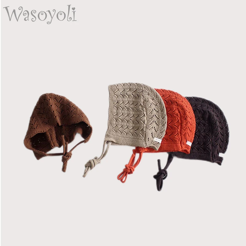 

Wasoyoli New Born Baby Hats 0 To 12 Months Knitted Hollow Lacing Strap Cap Spring Autumn Infant Cotton Cute Headgear