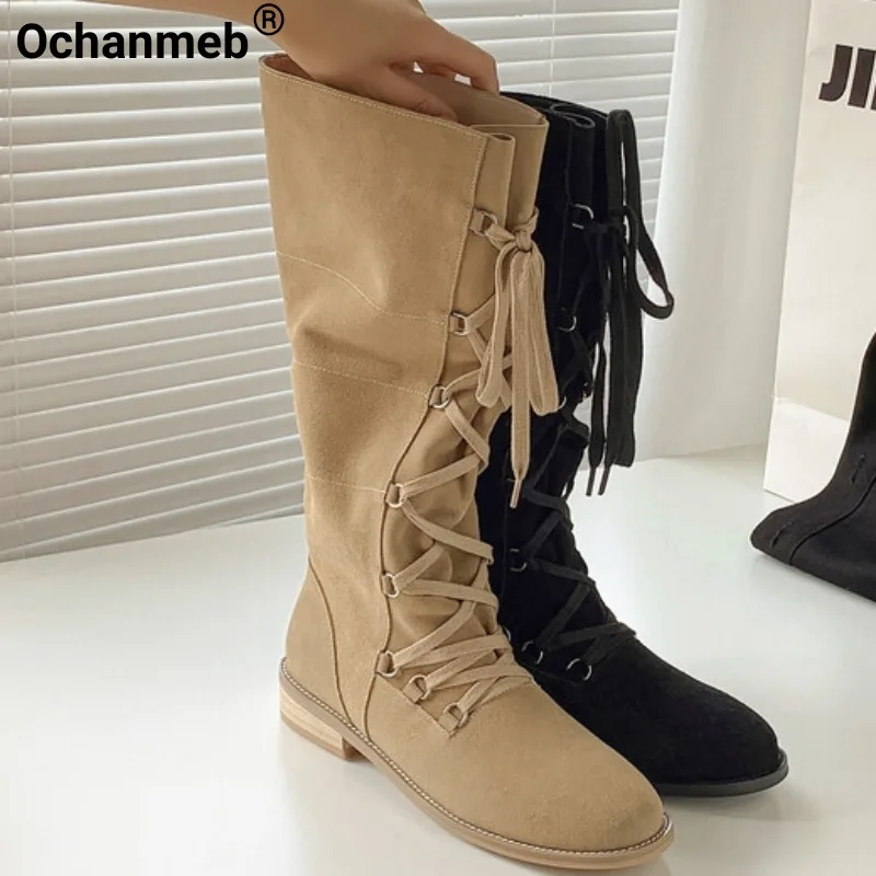 

Ochanmeb Cow Suede Knee Boots for Women Front Cross-tied Low Heel Boots Lace-up Round Toe Fashion Lady Shoes Autumn Winter 33-40