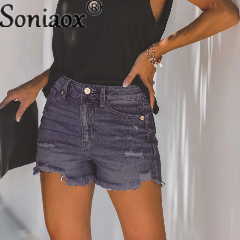 Fashion Trend Broken Holes Denim Shorts Ladies Summer Street Casual High Waist Button Three Quarter Pants Women's Straight Jeans