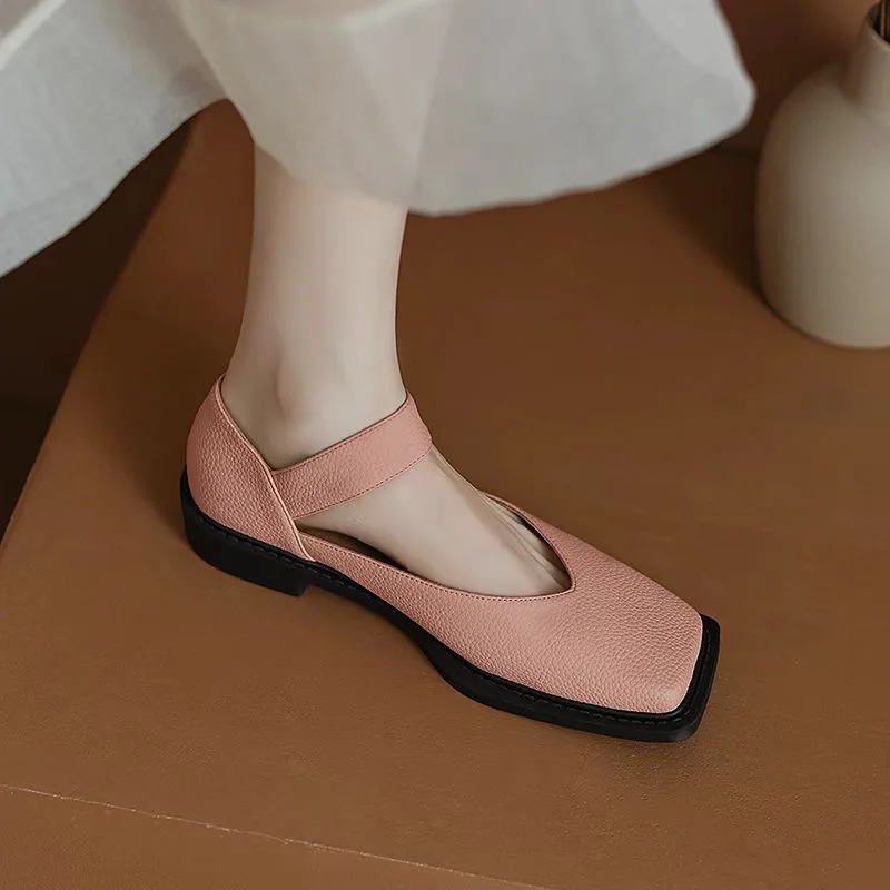 2023 Summer Soft Leather Comfortable Square Toe Shallow Mouth Women's Shoes Low Heel Outdoor Casual Thick Heel Mary Jane Shoes
