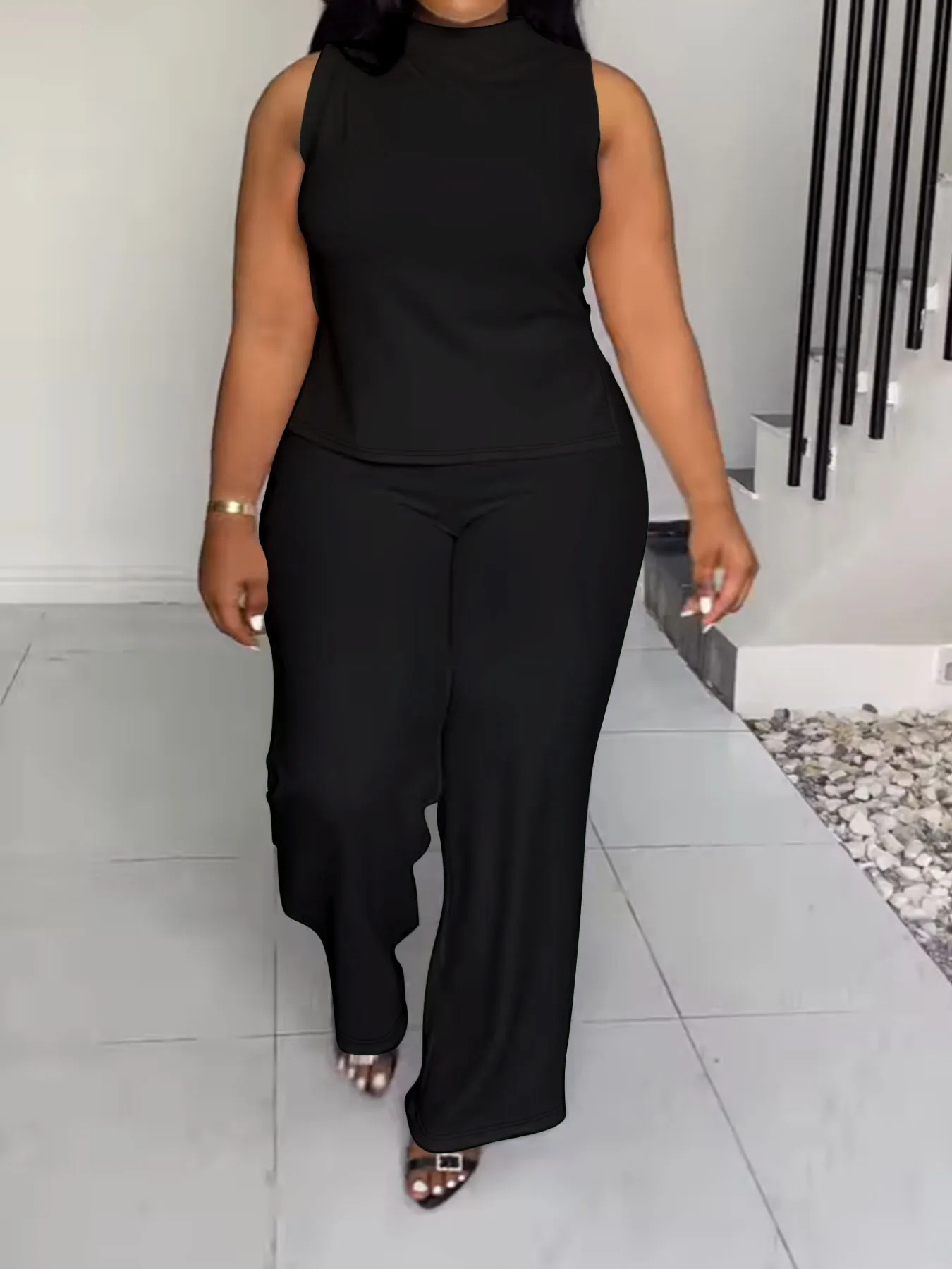 Женский брючный костюм-двойка осенняя футболка без рукавов с круглым вырезом