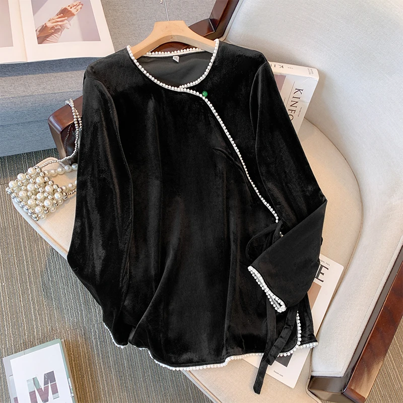 Винтажная блузка с бусинами черная бархатная рубашка в китайском стиле модные