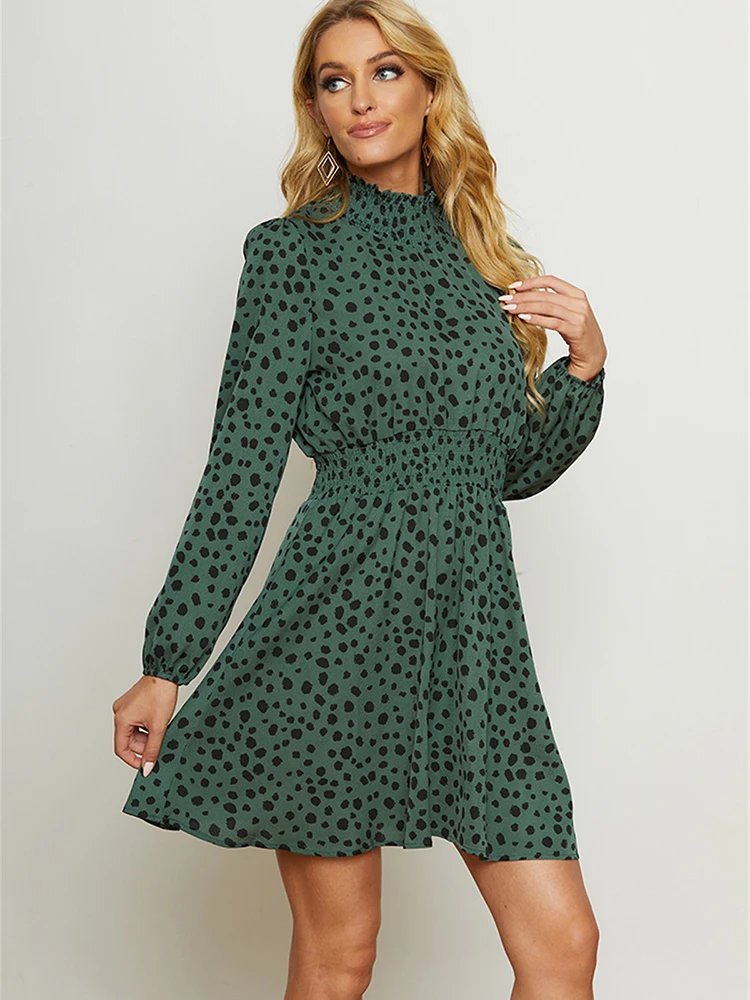

Green Women Dress Autumn Print Ruffle Mini Dress Casual Dalmatian Long Sleeve Party Dress Female Boho O Neck Elegant Dress