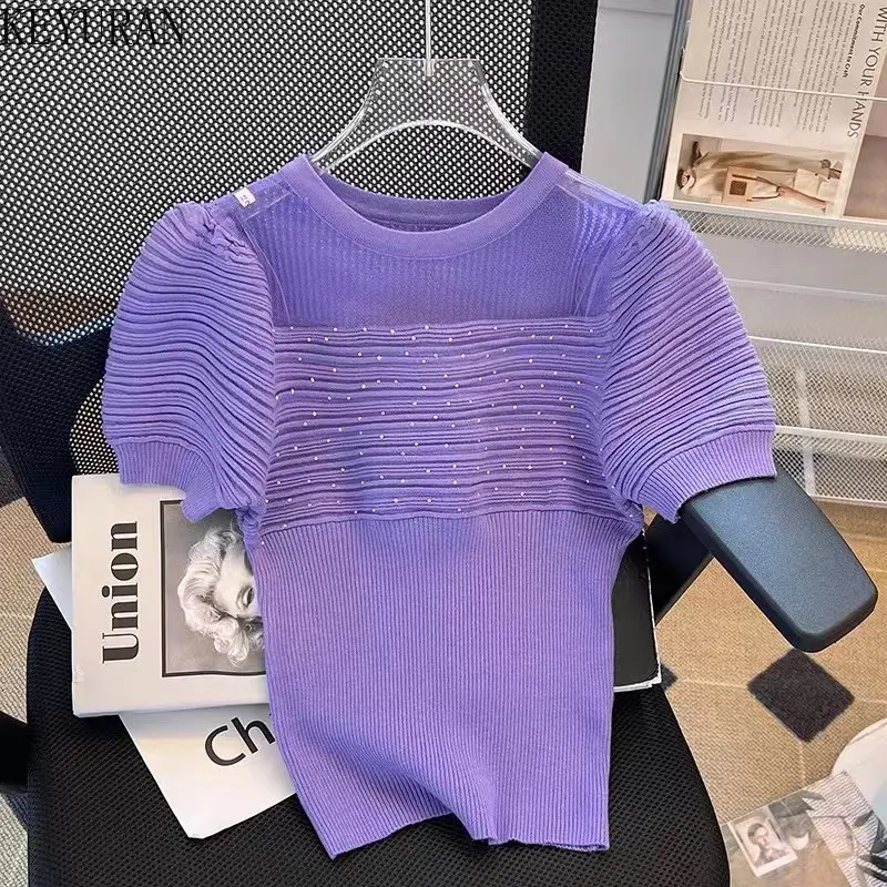 2023 Summer Knitted Sweater Women Korean Fashion Chic Slim Solid Color O-Neck Puff Short Sleeve Purple Pullover Knitwear Top Y2K