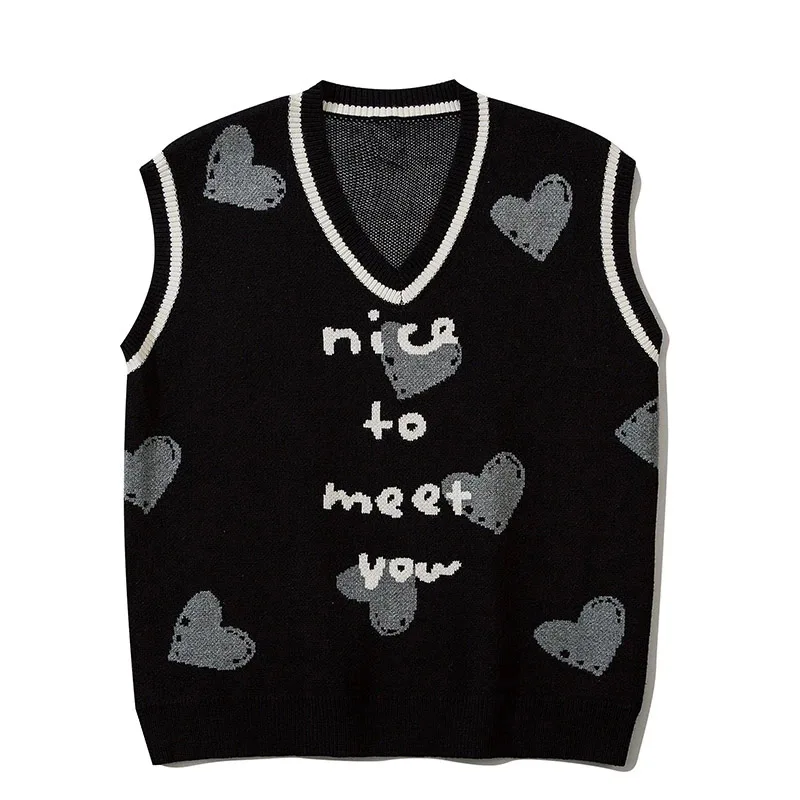 High Street Knitted Sweater Vest Men Fashion Letters Heart Sleeveless Pullover Harajuku Casual Loose Tops Couple Streetwear 2021