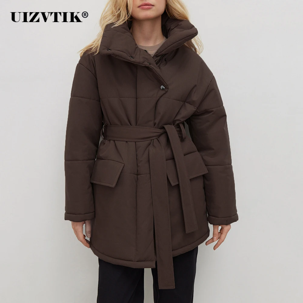 Thick Warm Winter Coat For Women 2022 Long Stand Collar Parkas Coat Lace Up Padded Jackets Female Casual Solid Loose Outwear