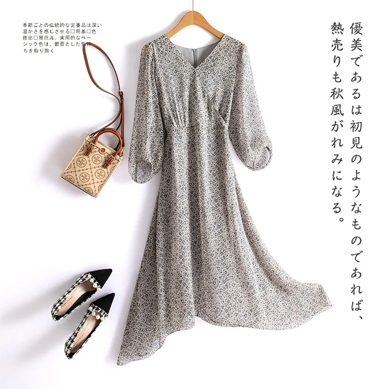 Elegant Silk Dress for Women V-Neck Half Sleeve Waist Lace-up Dress Printing Mulberry Silk Summer Dress WF845