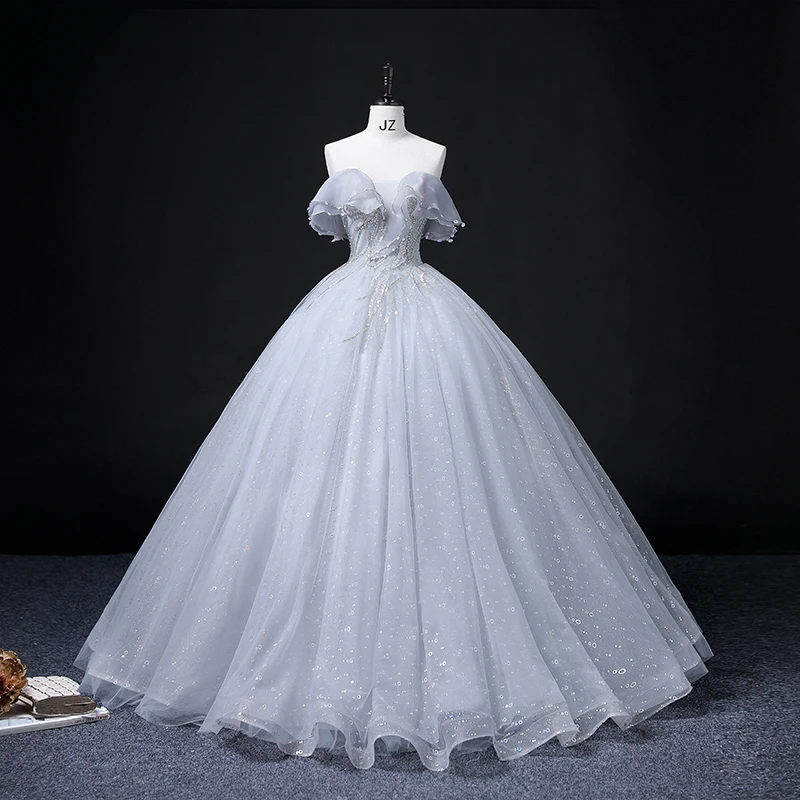 

2022 New Quinceanera Dresses Elegant Simple Off The Shoulder Long Dress Shining Tulle Floor-length Ball Gown Vestidos