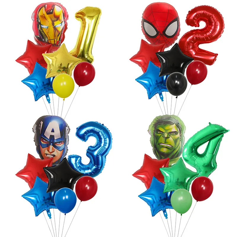 

7Pcs Spiderman Balloons Set Captain America Hulk Spider Iron Man Globo Avenger Superhero Theme Birthday Party Decoration Kid Toy