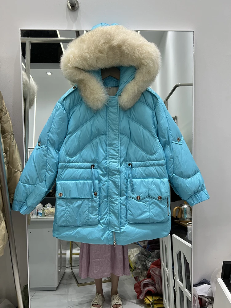 

2023 Winter Women Short Parka Thick Waterproof Puffer Coat Female Real Fox Fur Hooded 90% White Duck Down Jacket