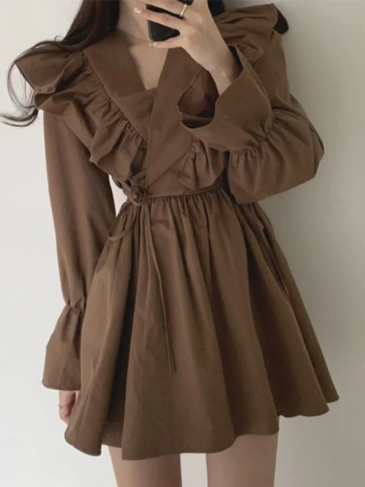 

Женское элегантное винтажное короткое платье, милое осеннее женское платье с длинным рукавом и оборками в стиле пэчворк, уличная одежда