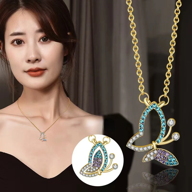 

Stainless Steel Butterfly Pendant Necklace for Women Gold Silver Color Turnable Rhinestone Wing Clavicle Chain Aesthetic Jewelry