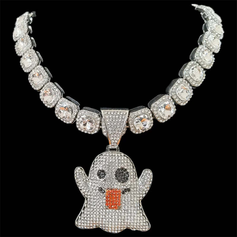 Кулон и ожерелье унисекс с фианитами в виде привидения гримасы стиле хип-хоп |