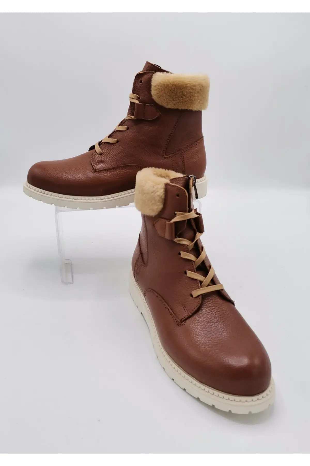 

Genuine Leather Zipper Special Design Wrist Part Furry Brown Women Boots