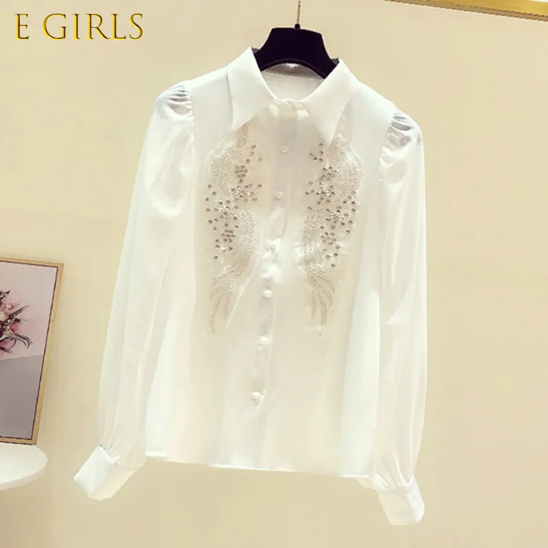 E GIRLS High Quality New Luxury Beaded Embroidered Fashion Loose White Shirt Women's Single-Breasted Long Sleeved Office Blouses