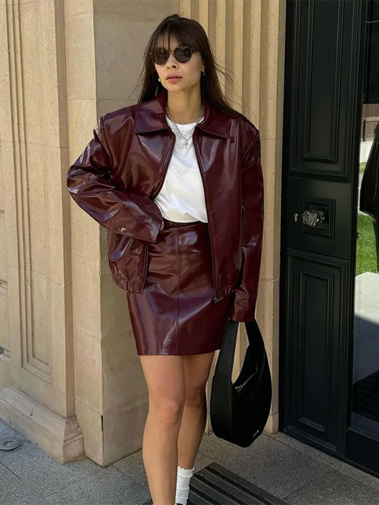 Vintage Solid Zipper Pu Leather Jacket Wine High Waist Mini Skirt 2 Piece Set New Female Autumn Streetwears