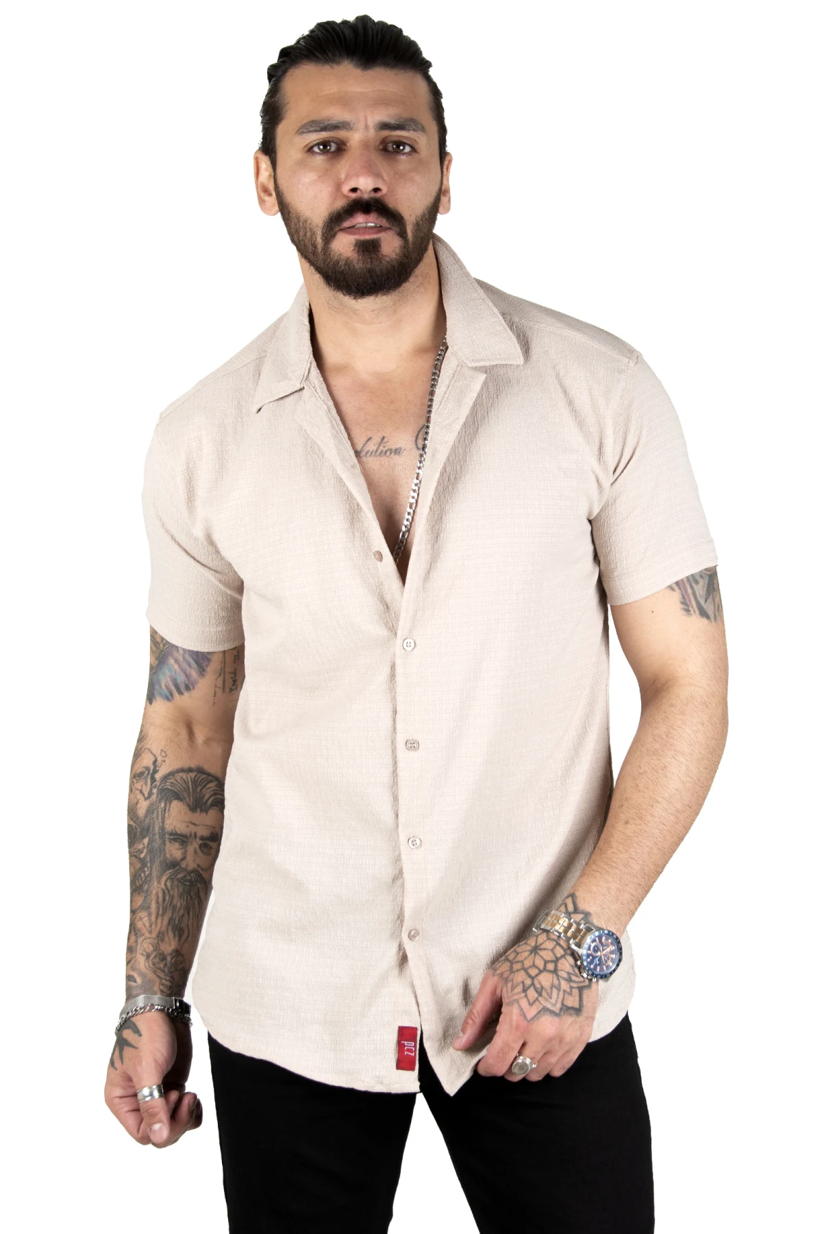 DeepSEA creasing fabric buttoned lycra applique collar short sleeve men's shirt 2104042