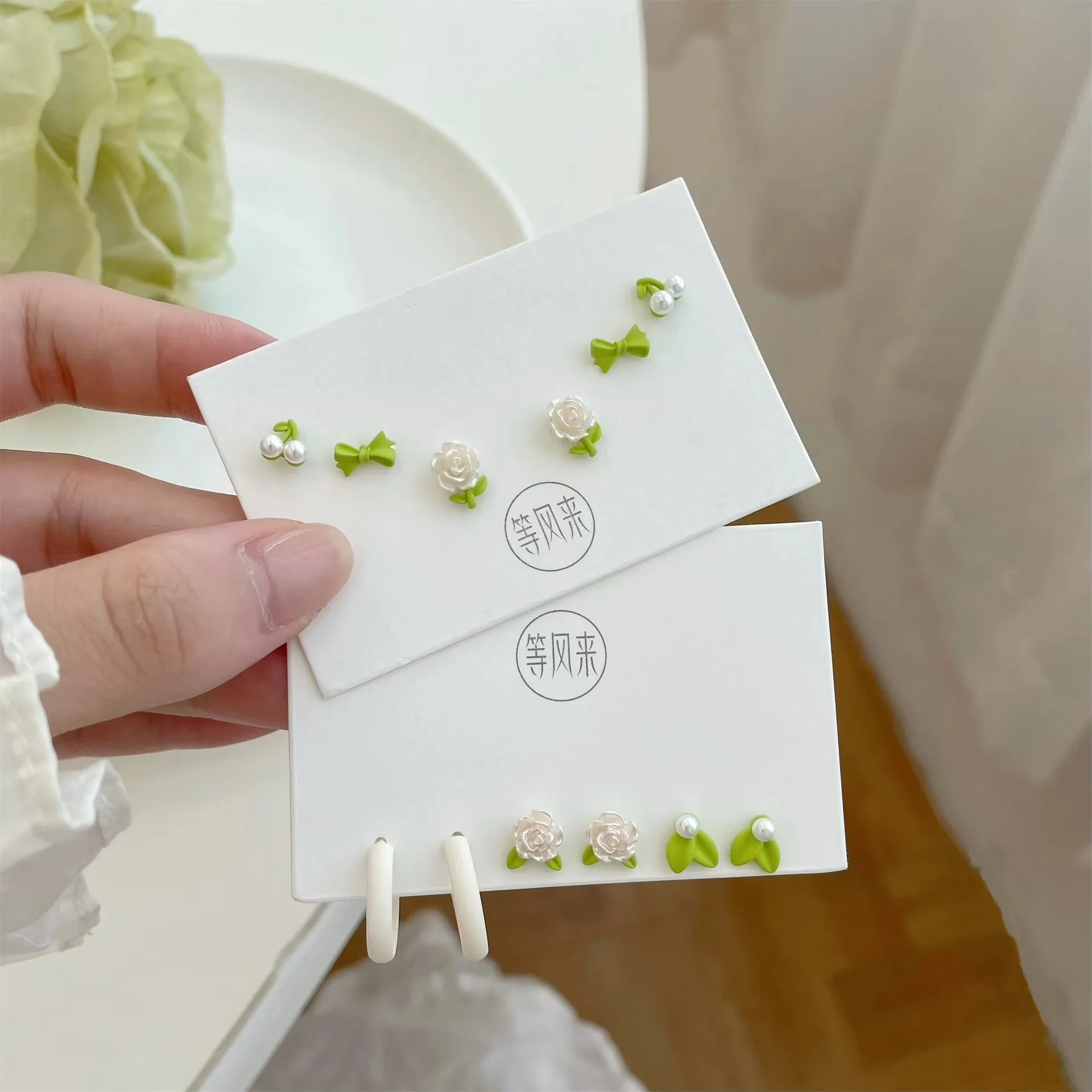 

3 pcs/Set Summer Green Flower Ear Studs S925 Silver Needle Small Exquisite Fresh INS Trendy Earrings Earbone Studs for Women