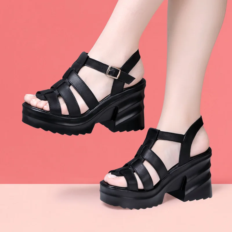 CICIYANG Women Gladiator Sandals 2023 New Chunky Ladies Summer Shoes High Heel Roman Sandal Handmade Casual Black Leather Sandal
