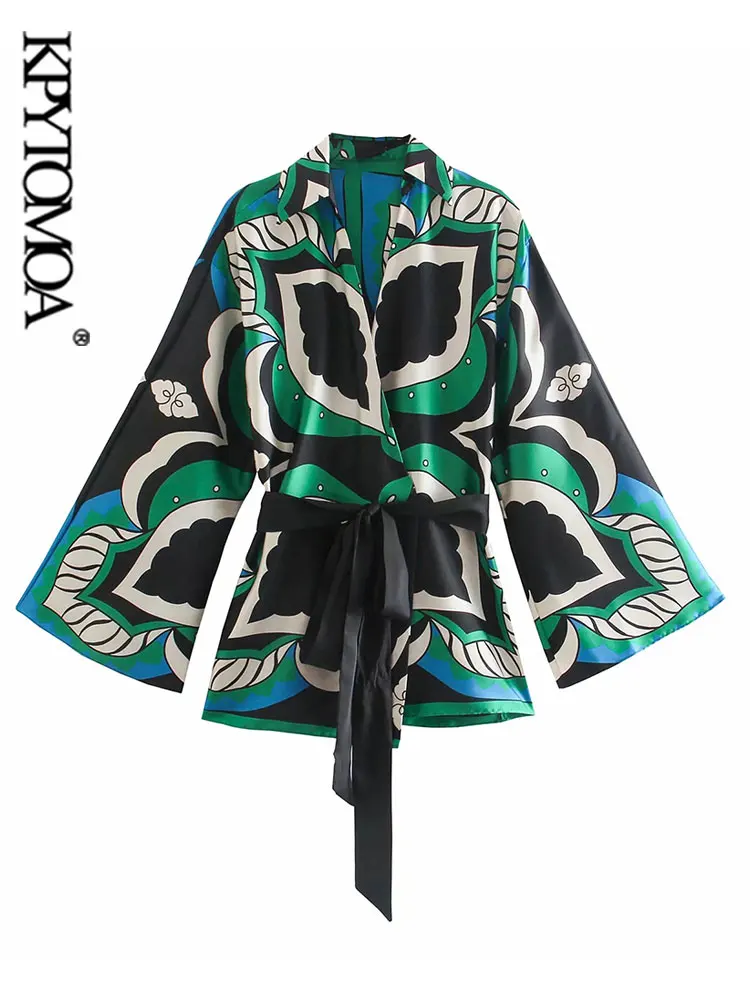 

KPYTOMOA Women Fashion With Belt Printed Wrap Kimono Blouses Vintage Three Quarter Sleeve Female Shirts Chic Tops