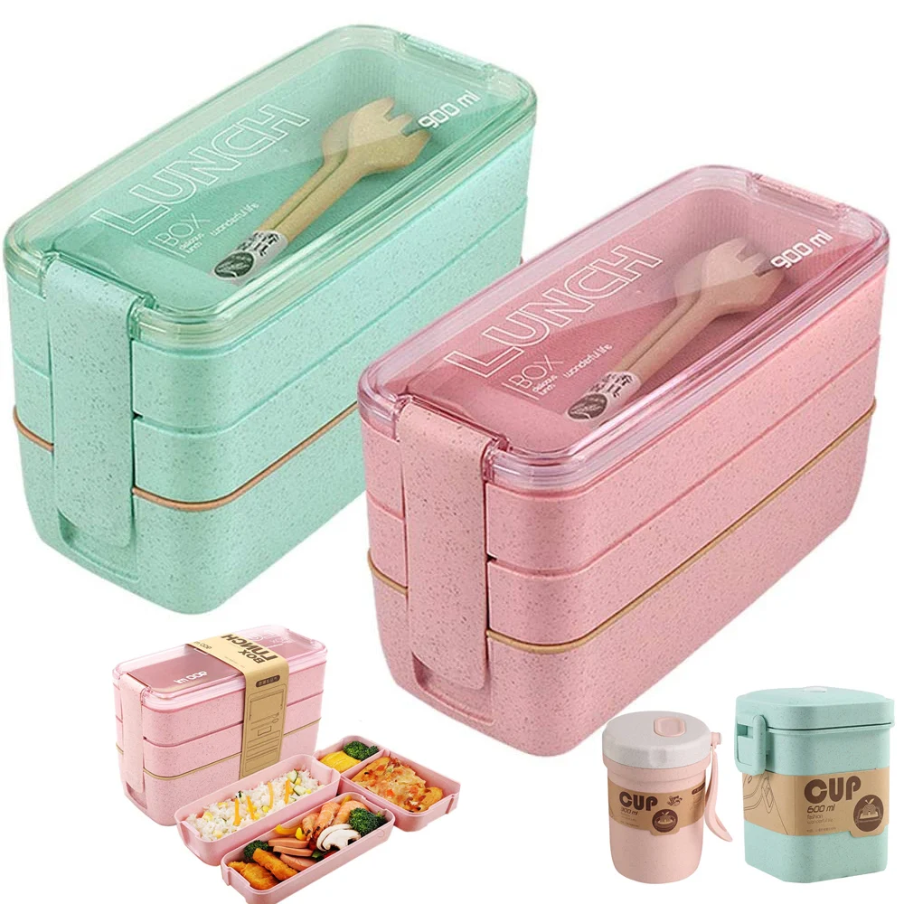 

Health Material 3 Layers Lunch Box Microwavable Japanese Bento Food Container Eco-Friendly Wheat Straw 900ml Lunchbox