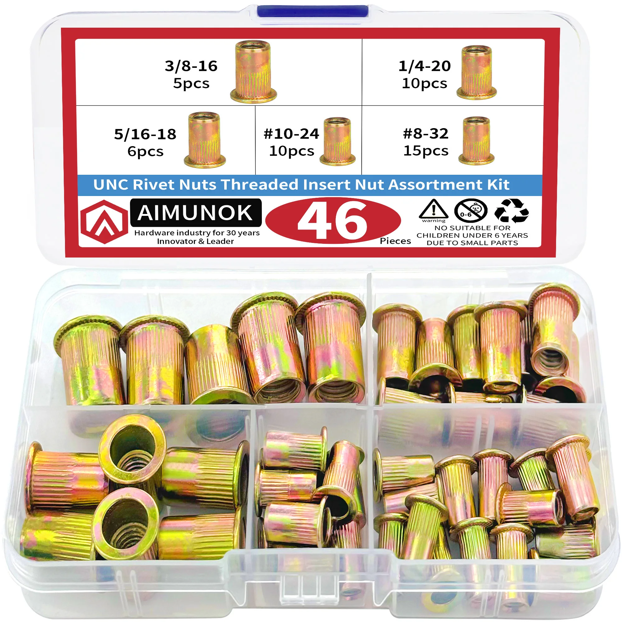 46pcs UNC Rivet Nuts Threaded Insert Nut Assortment Kit Blind Flat Head Cover