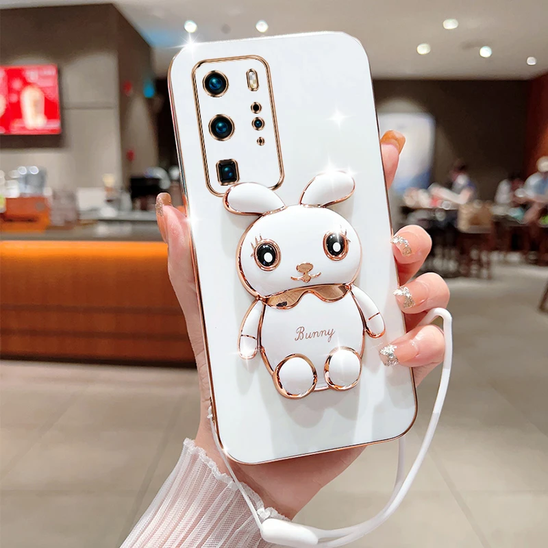 

Симпатичный мультяшный кролик Складная подставка для Huawei Honor P40 Pro Чехол для телефона со шнурком роскошный чехол с покрытием