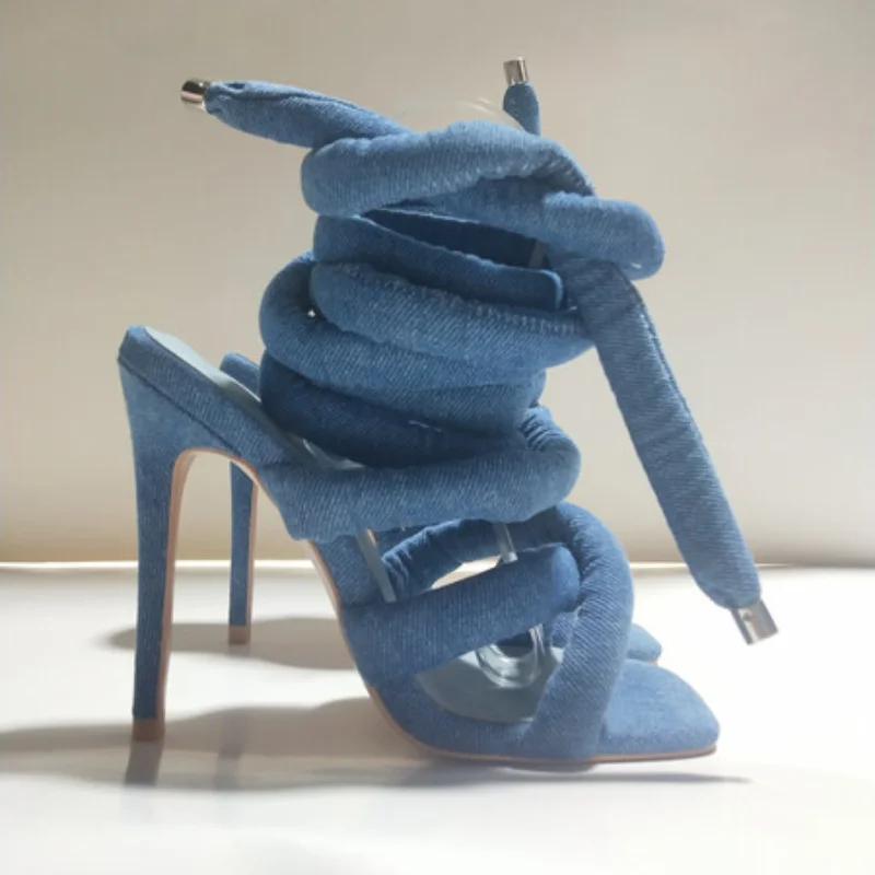 Europe and The United States New Square Toe with Crossed Ankles Around The Catwalk Sandals Stretch Denim Bright Leather Sandals