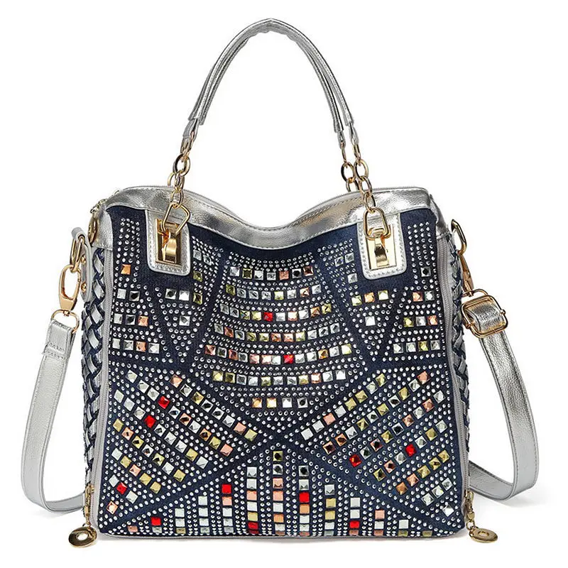 

2022 New Women Bag Denim Splicing Contrast Diamond Studded Rivet Bag Shoulder Bag Leisure Fashion Woven Large Capacity Handbag