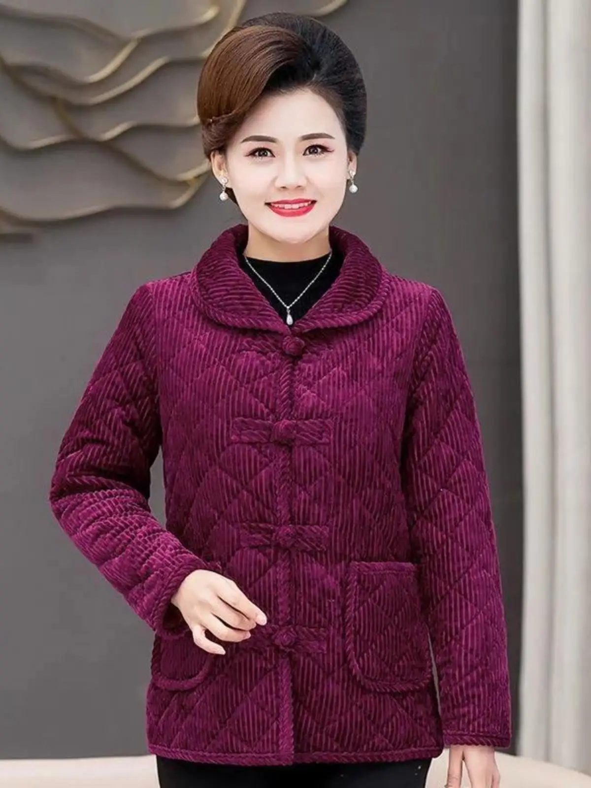 Middle-Aged and Elderly Middle-aged Women Dress Winter New Corduroy Buckle Cotton-Padded Coat Fleece-lined Long sleeve Outerw...