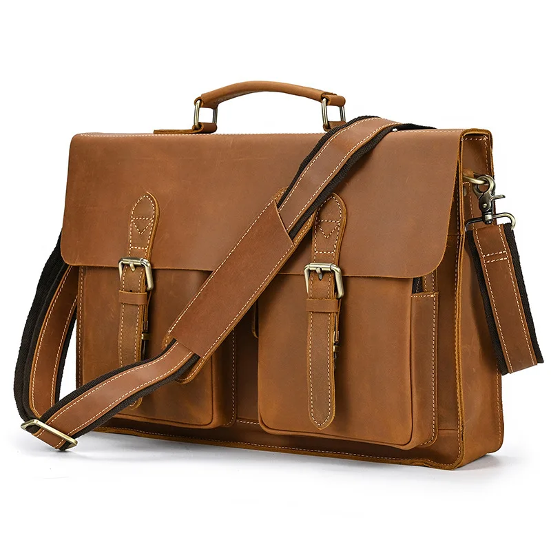 Man Genuine Leather Backpack Classic Vintage Briefcase Crazy Horse Leather Male Large Laptop Backpack Single Shoulder Back Bags