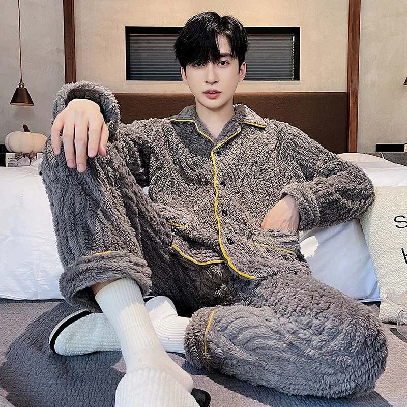 QUHENG 2022 Winter Coral Fleece Winter Men's Pajamas Set Thicken Warm Homewear Set Long Sleeve Trousers Home Clothes Nightwear
