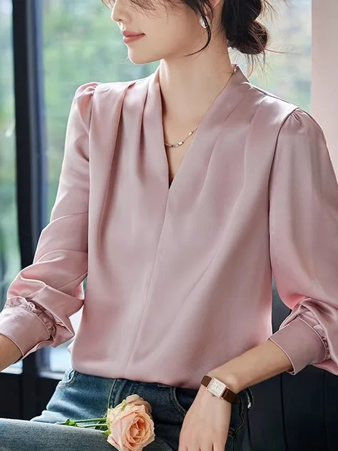 Французские легкие роскошные атласные рубашки с v-образным вырезом и длинными