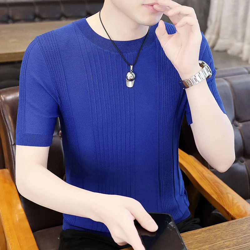 2023 Summer New Ice Silk Short Sleeve T-shirt Men's Solid Color Thin Elastic Breathable Men's Slim Fit T-shirt Pullovers Sweater